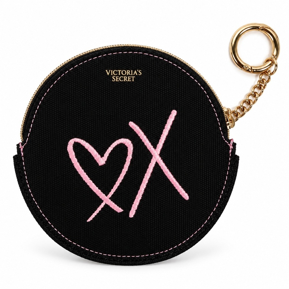 Victoria's Secret Coin Purse Keychain Black Canvas Pink Heart Zip Pouch Round